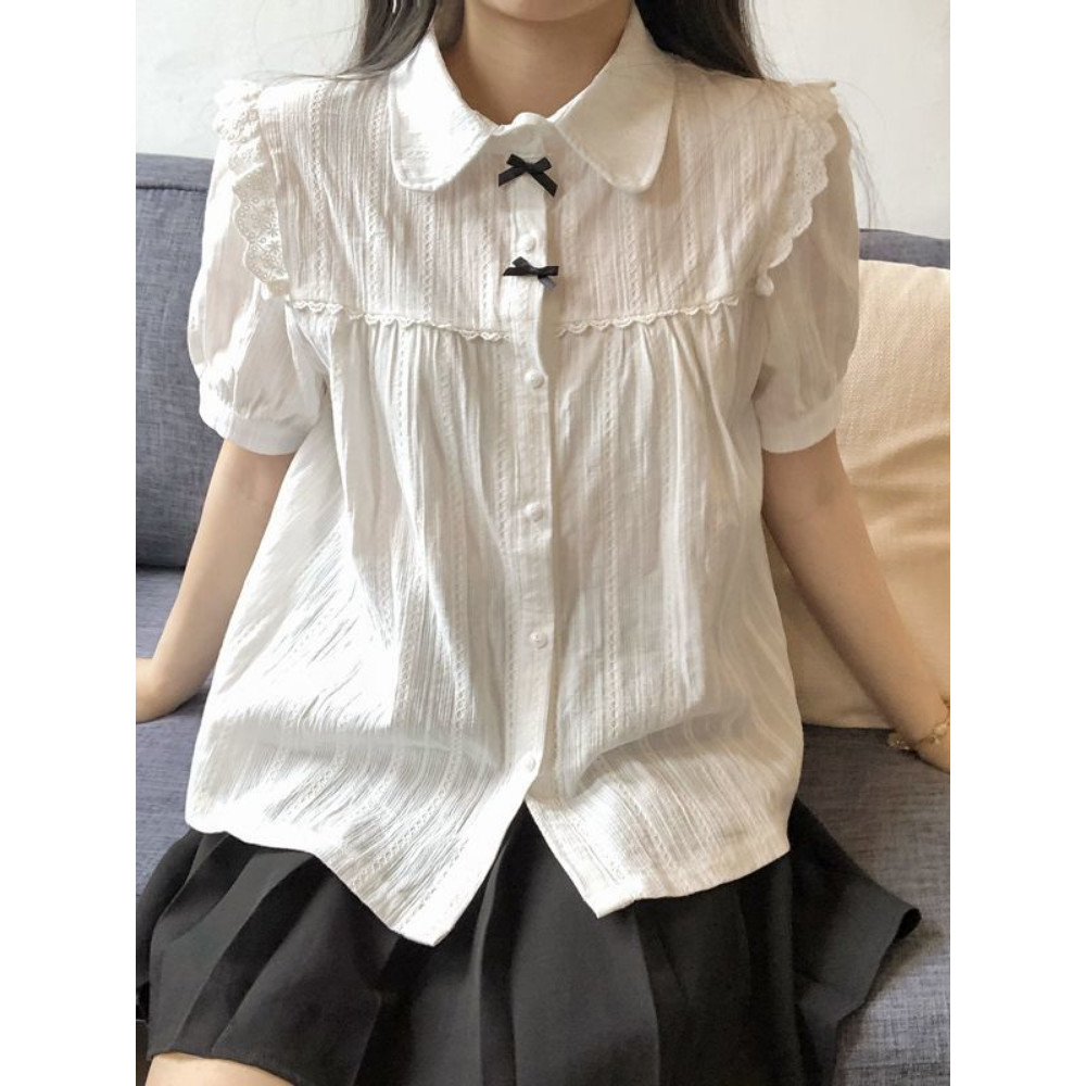 Blus Putih Lolita Lace Kawaii Wanita dengan Kerah Peter Pan, Gaya Gothic Preppy Vintage untuk Musim 
