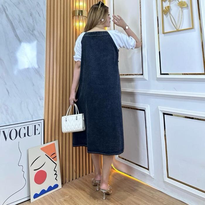 New Ziyuka Dress Jeans Kombinasi - Dress Midi Denim Mix Katun Casual Trendy Wanita Super Sale