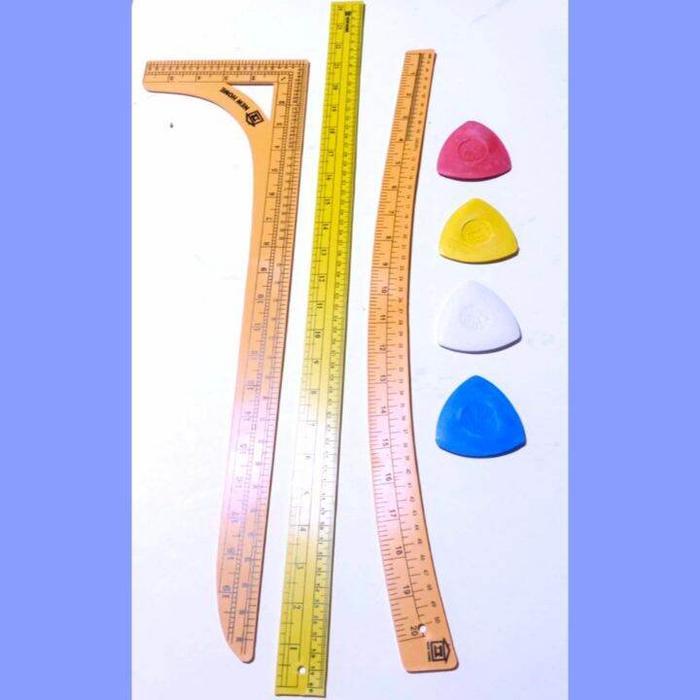 penggaris pola jahit - paket berisi 3 penggaris 4 kapur warna campur - penggaris besar - penggaris
