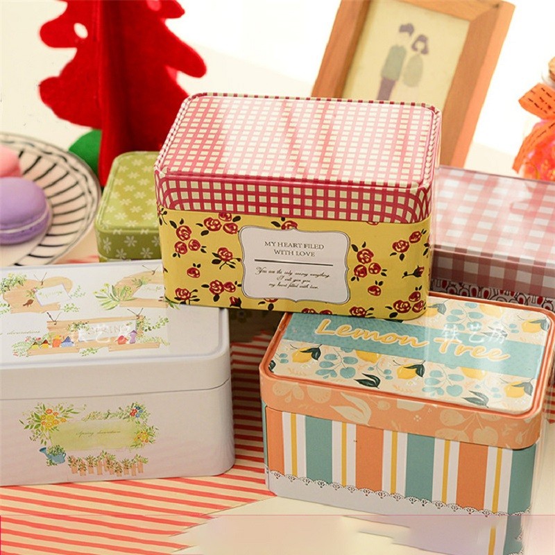 New Bush Flowers Rectangle Biscuits Storage Box With Metal Lid Tea Coffee Case Organizer for Money C