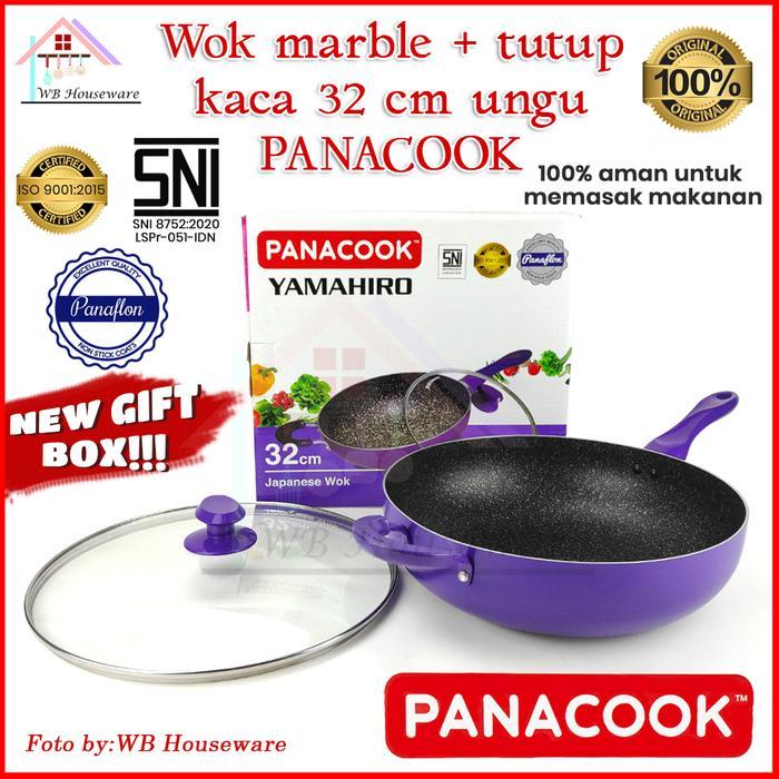 panci penggorengan / wok tutup kaca 32cm / japanese wok / Alat wok Pan marble 32cm PANACOOK - ungu