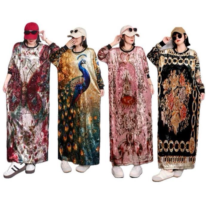 TERBARU Long Dress Velvet bludru lengan panjang Motif jumbo Wanita G00D QUALITY