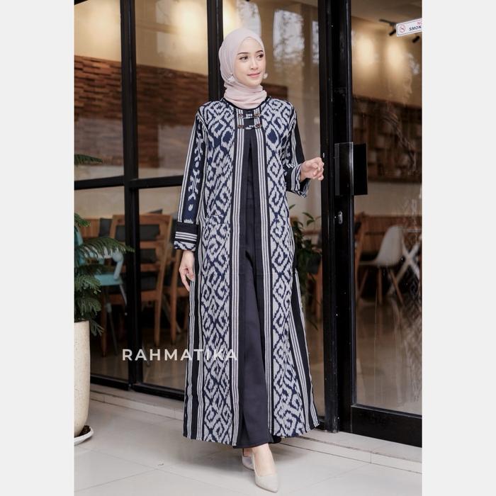 Cardigan Tenun Wanita Panjang Dengan Kancing Depan Aktif - Muslim Outer Kardigan Motif Etnik