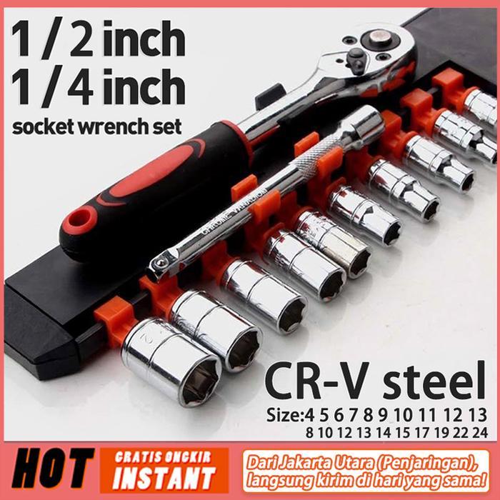 terbaru Ready Stock latreeskin Kunci Set 1/4inci & 1/2inci kunci socket stainless Socket 12pcs Kunci