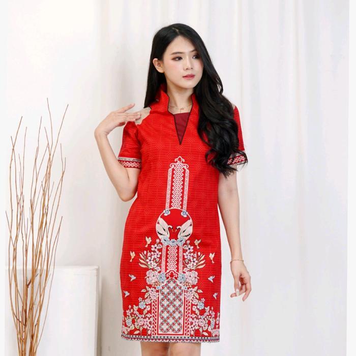 DRESS BATIK CALYA 401 TERUSAN KERJA KANTOR WANITA MURAH OUTFIT KONDANGAN gaun merah