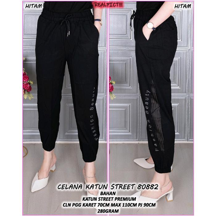 ser 8081 Celana Joger Wanita List Hitam samping Matt. Katun Stretch Import fit to XXL