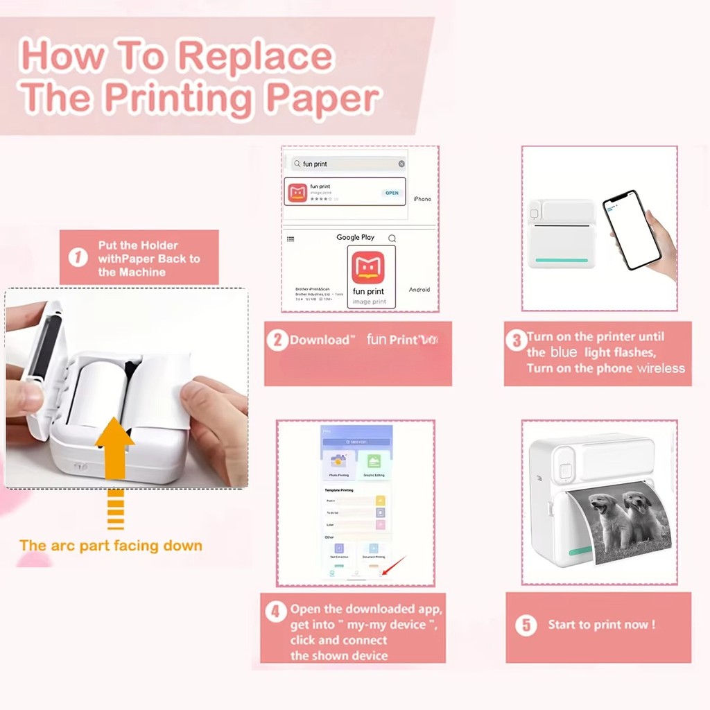 Mini Portable Sticker Printer, Mini Thermal Printer with Rolls Paper, Bluetooth Inkless Printpods,