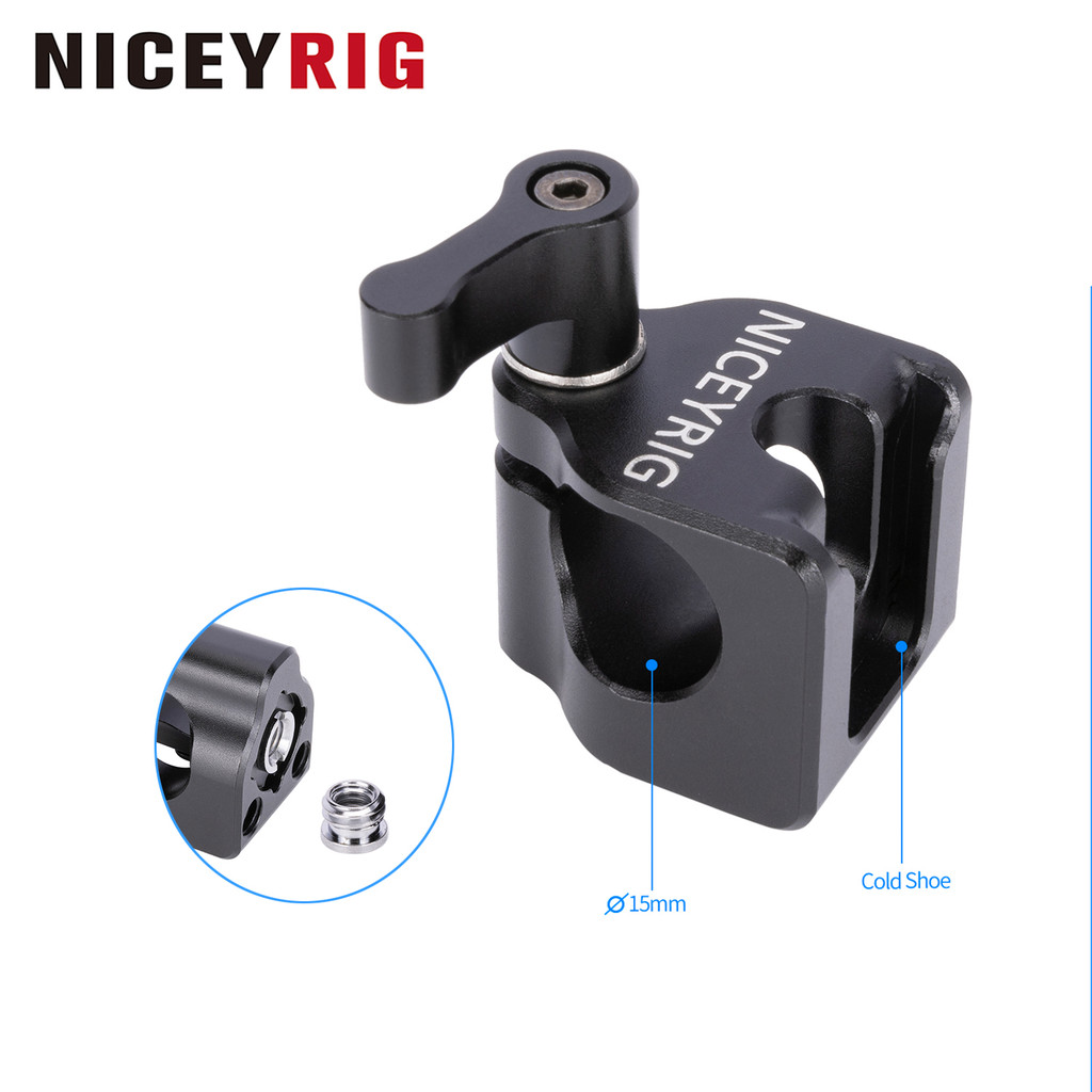 NICEYRIG 15mm Rod Clamp to Cold Shoe Mount, Locating Holes for ARRI & 1/4, for 15mm Rod Rail