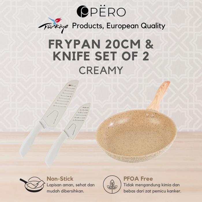 [Maksan] Pero Bundling Frypan 20Cm Nonstick Granite Wooden Handle + Granite Knife Set Of 2 Super