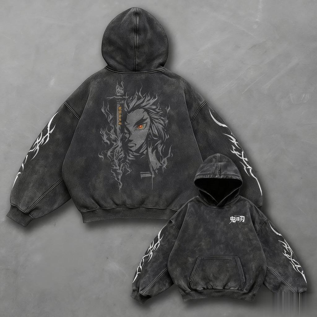 Harajuku Streetwear Vintage Anime Washed Hoodie Demon Slayer Men Women Pullover Sweatshirt Oversized