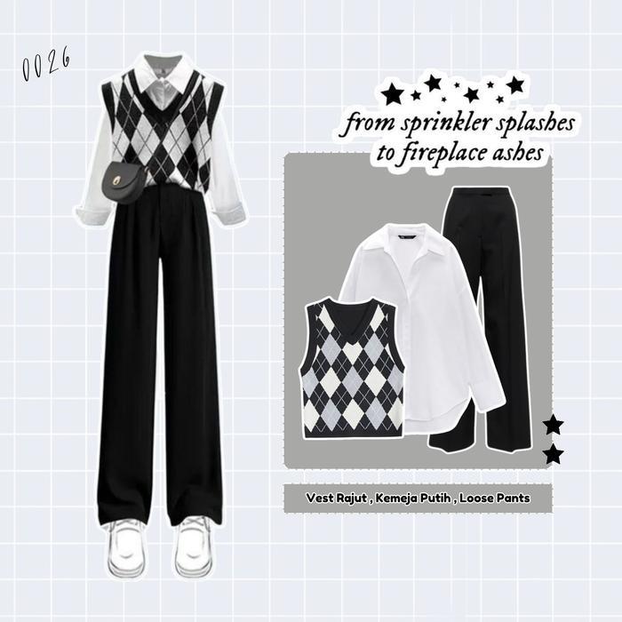 slr - set 0026 ( vest rajut + kemeja putih + celana kulot ) one set cewek kekinian baju 1 set