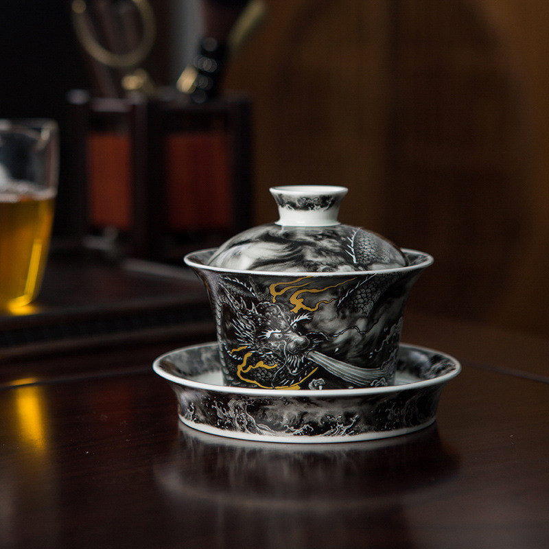 Jingdezhen Ceramic Sancai Cover Bowl Teacup Opening Glaze High-grade Dragon Pattern Ceramic Tea Bowl
