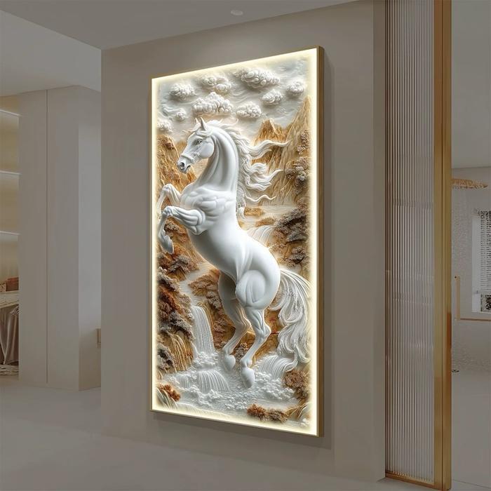 HOT SALE Lukisan Porcelain 5D Diamond Lampu LED Motif Kuda Pajangan Dinding Kuda Keberuntungan