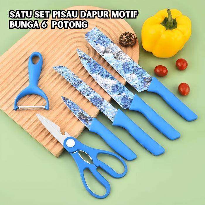 PISAU SET 6 PCS CORAK BUNGA KNIFE SET STAINLESS STEEL ANTI LENGKET / FLOWER KITCHEN KNIFE SET 6 PCS