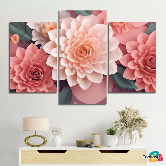 TERLENGKAP TENNESY Hiasan Dinding 1 Set Bunga 3D Flowers Pink 3 Panel Besar lukisan Wall Decor