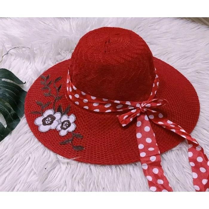 Topi Pantai Karnaval Seragam Rajut Lebar Bulat Bundar Wanita Kekinian Santai Modern Hits Bordir Pita