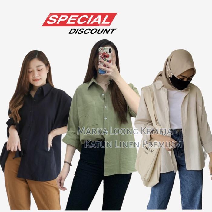 TERBARU Kemeja Linen wanita oversize Long shirt olivia premium original Putih Polos Baju Katun