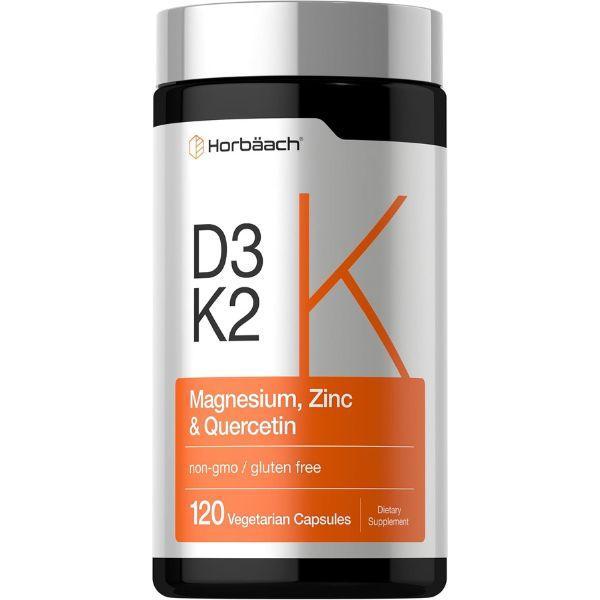 Horbaach Vitamin D3 K2 5000 IU D3 with Magnesium, Zinc, & Quercetin 120 Vegetarian Capsules