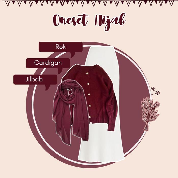 zen Setelan Lebaran Wanita Baju Atasan Cardigan Rajut - Rok Duyung dan Hijab Bella Square Set Remaja