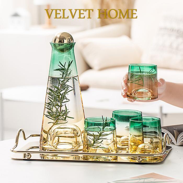 Set Cangkir Gelas + Botol Kaca Minum Cocktail Wine Emas Hijau Gold #Gratisongkir