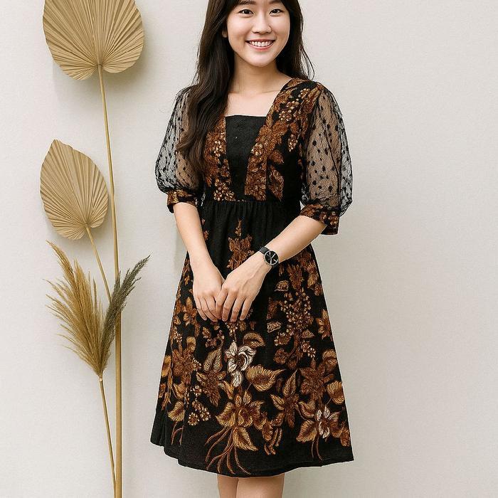 Model Korea Dress Batik Premium Baju Pesta Mewah Kombinasi Tile Elegan Murah Terbaru Tbk