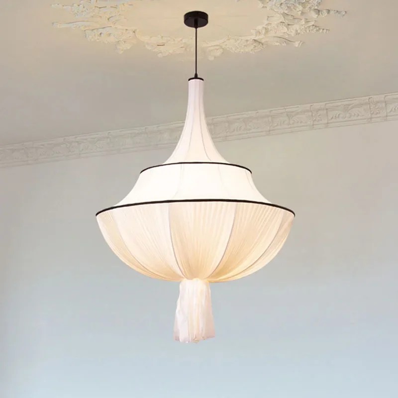 Lampu Gantung Kain Prancis untuk Plafon, Lampu Gantung Lobi Hotel Kain Vintage, Lampu Kamar Tidur Wa