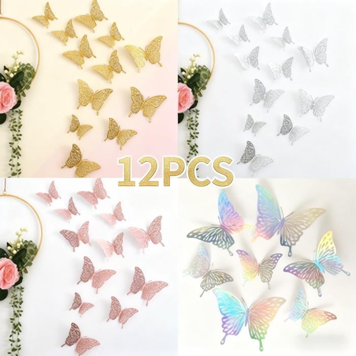12PCS 3D Menghiasi Kupu-kupu Di Dinding Tiga Dimensi Kamar Tidur Stiker Tiga Dimensi Warna-warni