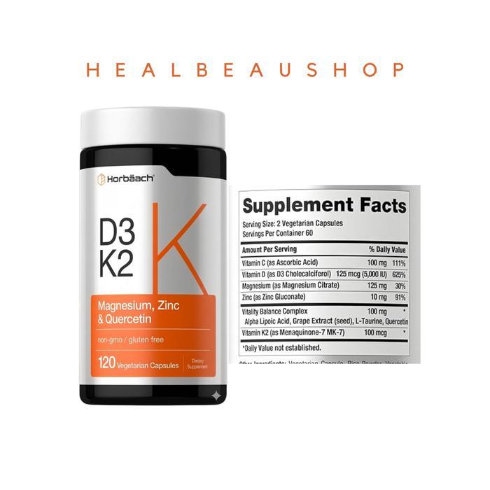 Horbaach D3 5000iu K2 100mcg with Magnesium Zinc Quercetin120 caps Halal