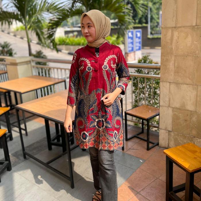 zen Batik Tunik Atasan Wanita Kancing Depan Motif Merah Maroon burung kembar bahan katun