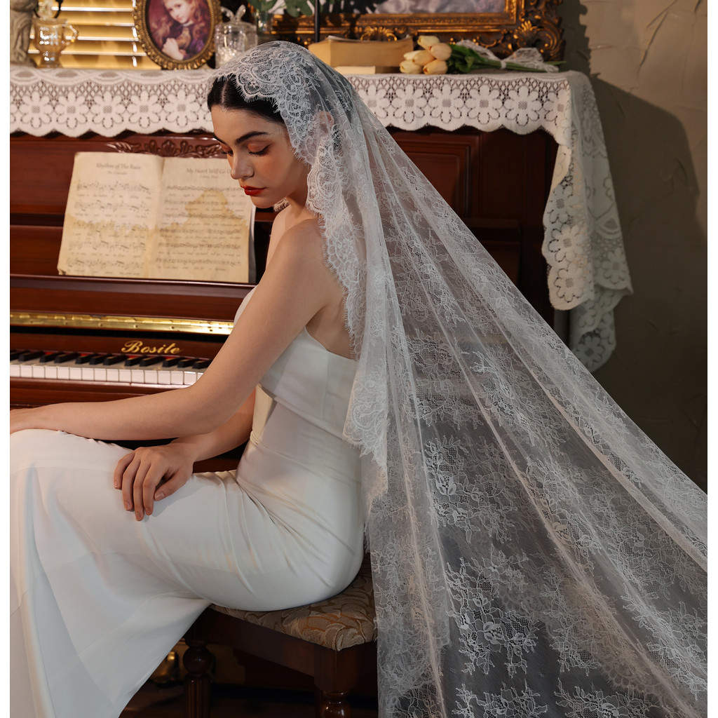 V528 Long Luxury Veil Headdress Fairy Long Tail Bridal Wedding Veil White Lace bridal headdress