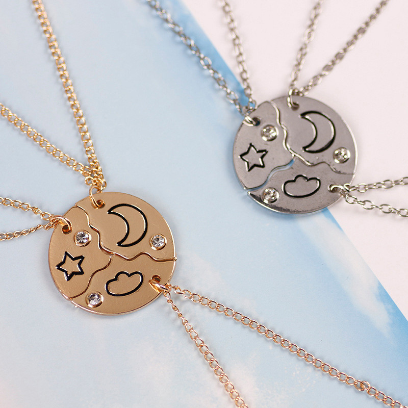 3/4 Piece Set Best Friends Friendship Necklace Sun Moon Cloud Star Inlaid Rhinestone Stitching Neckl