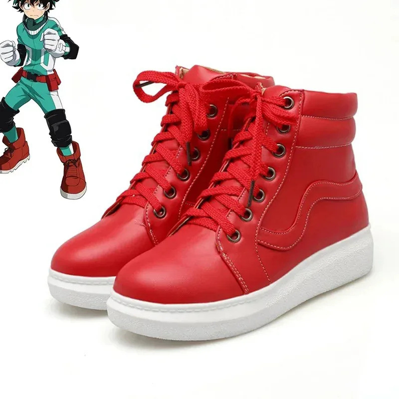 Anime My Hero Cosplay Shoes - Midoriya Izuku Deku Battle Boots, Red PU Leather
