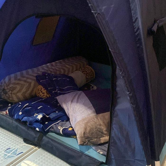 Tenda Anak Warna Navi Dongker Biru Tua Gambar Dinosaurus Ukuran Jumbo Untuk Umur 1-12 Tahun Cowok
