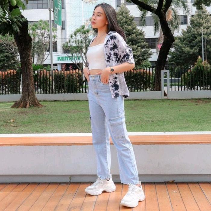 Premium Kulot Cargo Jeans // Celana Cargo Wanita Jeans Panjang Tebal Hitam Cewek Denim Dewasa High