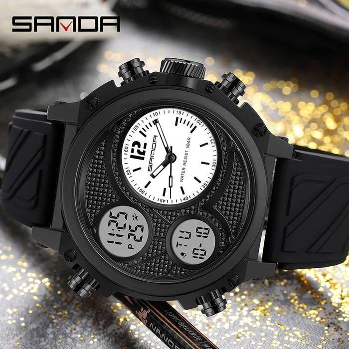 Sanda 3002 Jam Tangan Pria Bermerek Mewah Fashion Multifungsi Tampilan Ganda Olahraga Tahan Air