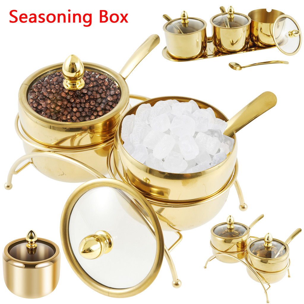 Stainless Steel Seasoning Box, Set of 2 Seasoning Storage Container with Spoon Gold Seasoning Rack S