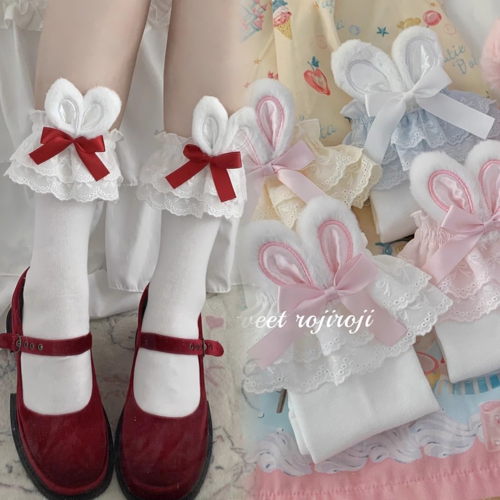 Japanese Harajuku Lolita Sweet Rabbit Ear Socks Women Summer Jk Bow Short Socks Lolita Lace Large