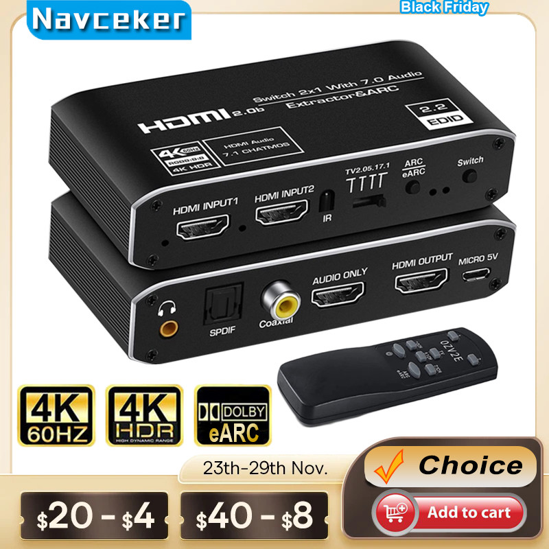 2x1 4K 120Hz HDMI Switch eARC Audio Extractor ARC Optical Toslink HDMI 2.0 Switch 4K 60Hz HDMI