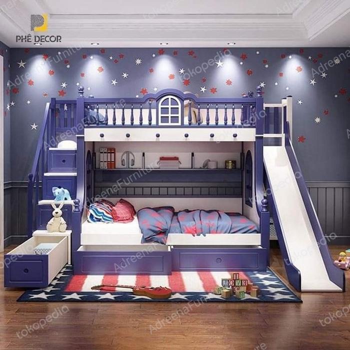 Tempat Tidur Tingkat Kayu Ada Perosotan 2 Kasur Anak