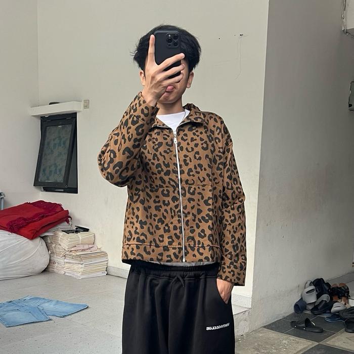 Work Jacket Pattern Leopard Jaket Boxy Motif Macan Ranting Pasti Ori