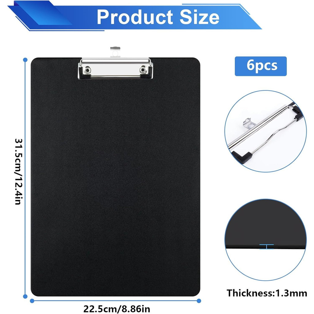 6pcs A4 Clipboard Folder, Clipboard Folder, Black, with Loose-Leaf Folder Writing Board, Metal Clip,