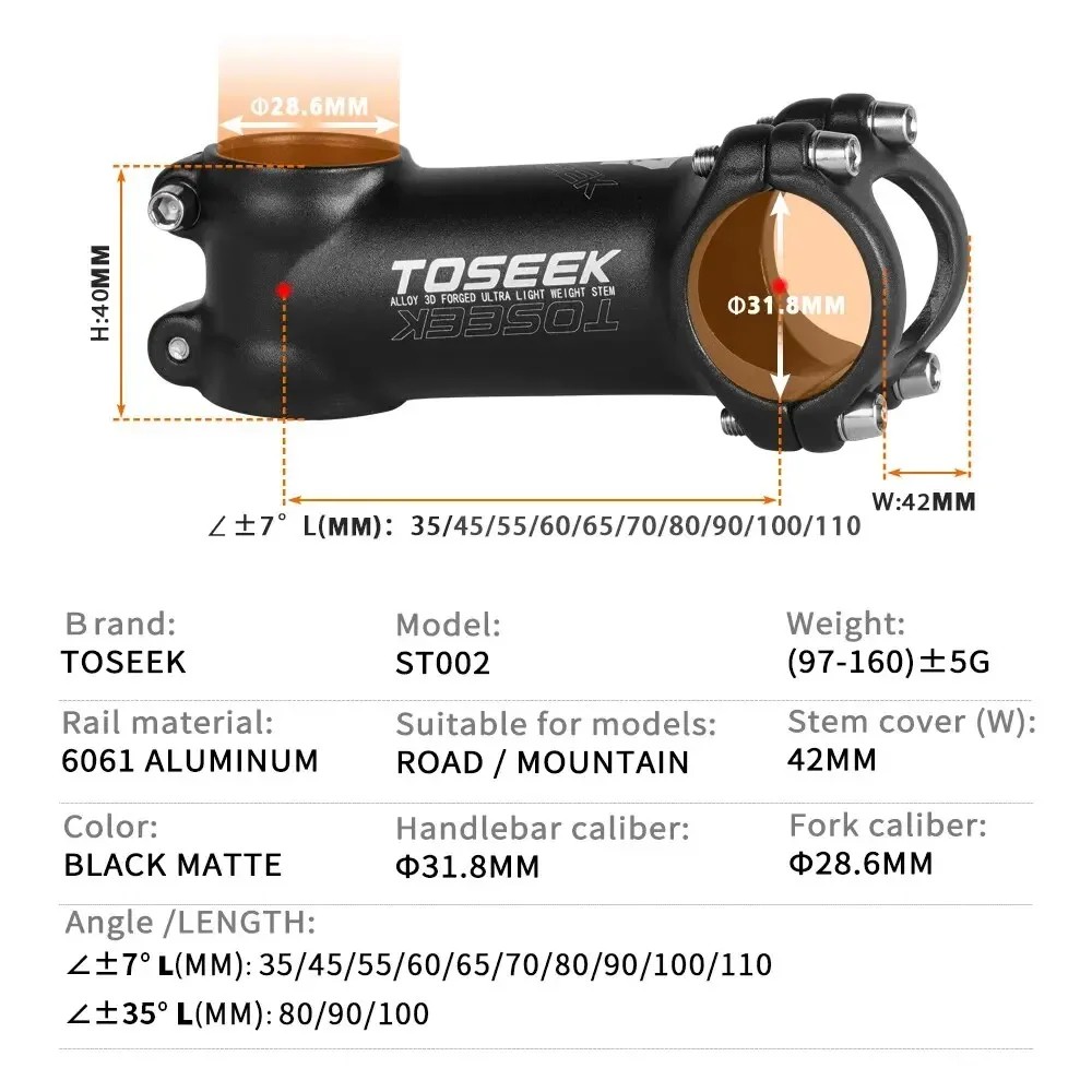 TOSEEK Bicycle Handlebar Stem 60/70/80/90/100mm MTB Stem 28.6mm 31.8mm Negative Power Mtb