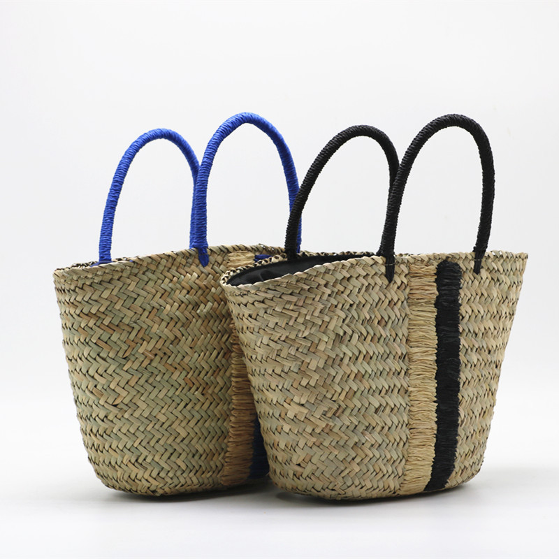 Waterweed portable straw woven bag blue black woven bag