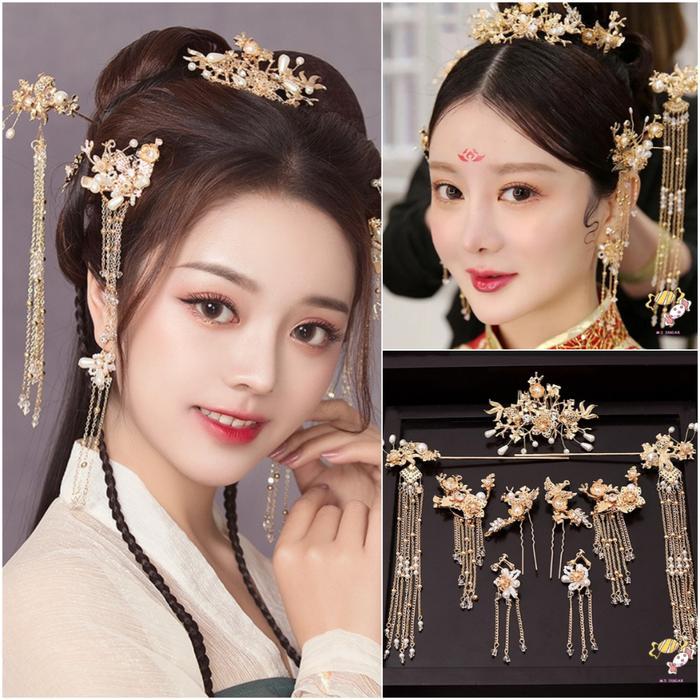 YADORNOS Set Hiasan Kepala Hanfu Jepit Rambut Gaya Kuno Gaun Xiuhe Pengantin Aksesori Rambut Wanita
