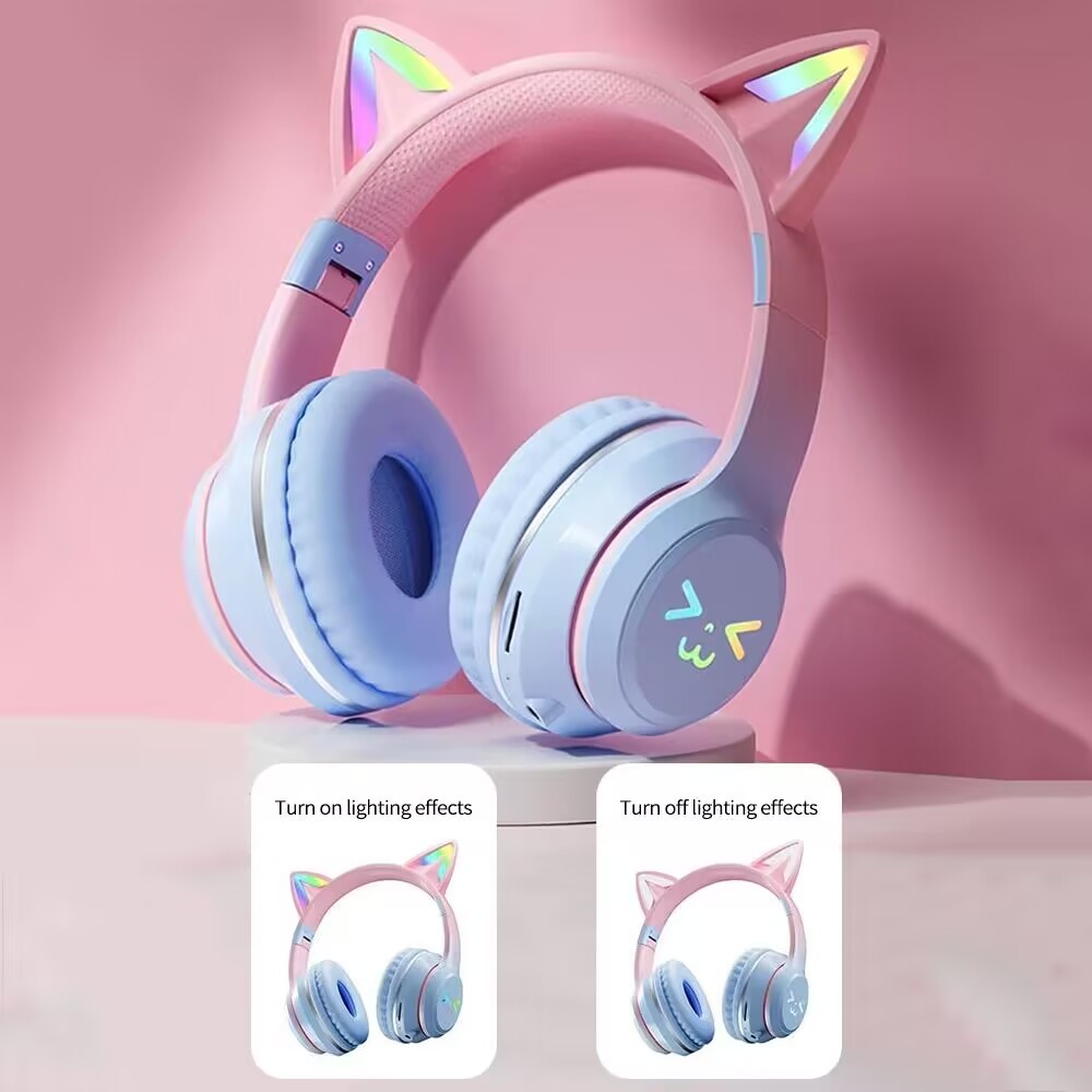 RGB Luminous Cat Ears Wireless Bluetooth Headphones With Microphone Headset Gamer Girl Call Noise