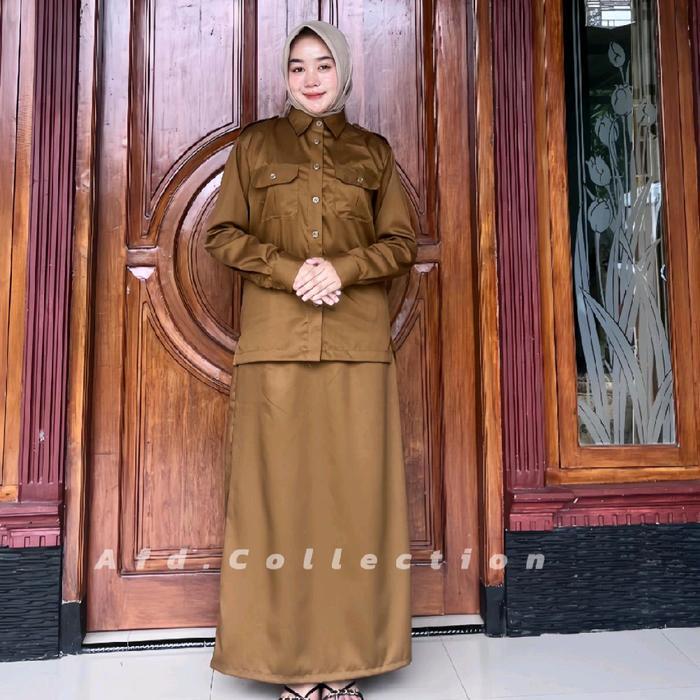 seragam pns setelan pemda khakki tua wanita model saku dada rok span rempel terbaru 2025