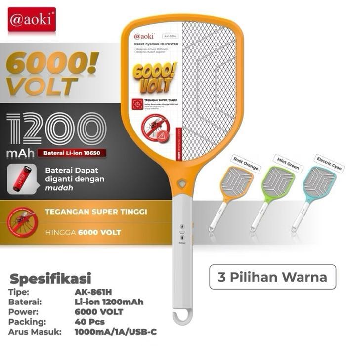 Aoki - Raket Nyamuk Ak-861H 6000 Volt 1200Mah / Raket Nyamuk Charger Ak-861H 6000 Volt / Pembasmi