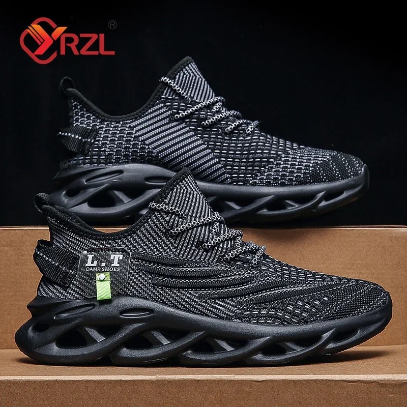 Sepatu Olahraga Pria YRZL Breathable Ringan Jala Hitam Lari Joging Jalan Kaki