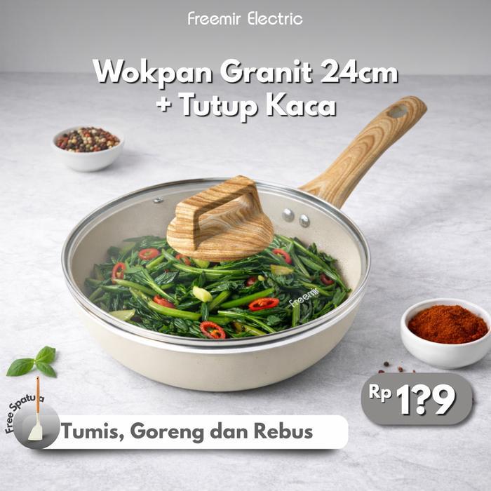 [BARU] freemir Beige 24cm Wajan Wokpan Panci Anti Lengket Satu Gagang Tutup Kaca Teflon Multifungsi