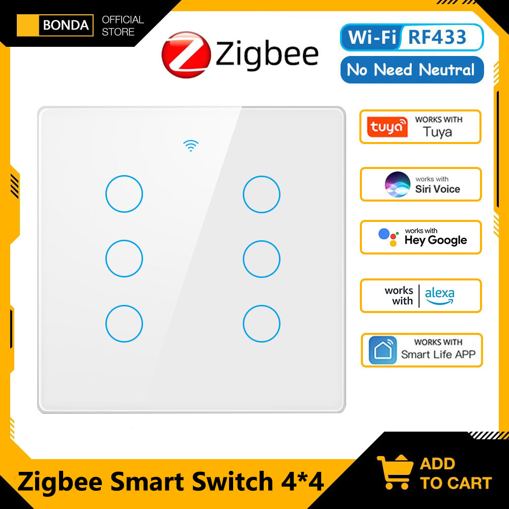 Tuya 4x4 Brazil Zigbee RF433 Smart Switch Brazil Touch Sensor Smart home 4/6 Gang Light Switch Work